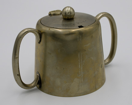 Double handled sugar bowl with hinged lid, teapot style. Cut for spoon. Embossed: R.G.H.H.