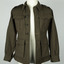 Green woolen long sleeved uniform jacket with metal buttons, belt and colour patch on sleeve