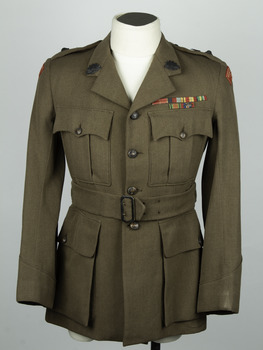 Regimental Jacket with Rising Sun badges on lapel and ribbon bar on left front.