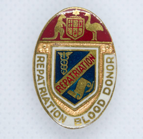 Oval shaped badge with Australian coat of arms on top, blue shield centre, and with white edge with gold writing.