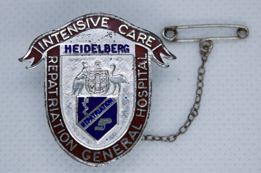 Silver shield shape badge with chain and safety pin