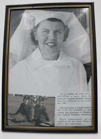 Framed black and white portrait of woman in white nurses uniform and head scarf. Smaller photograph of two women in army uniform sitting on grass. White card with printed information in bottom right corner.