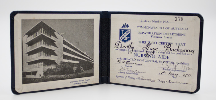Features photograph of Centaur Building on left opening and Nursing Aide Certification on right opening.