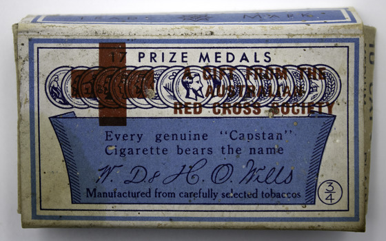 A Gift From the Red Cross Society. Every genuine "Capstan" cigarette bears the name W.D. & H.O. Wills. Manufactured from carefully selected tobacco.