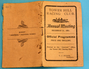 Tower Hill Racing Club Annual Meeting 1921 Official Programme, Front Page Tower Hill Racing Club Annual Meeting 1921 Official Programme, 1921