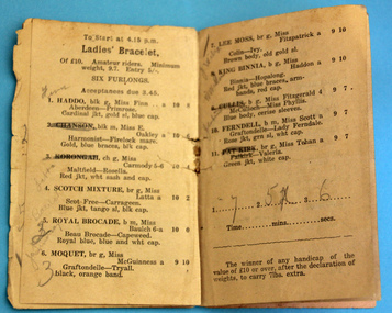 Tower Hill Racing Club Annual Meeting 1921 Official Programme, Ladies' Bracelet race page, 1921
