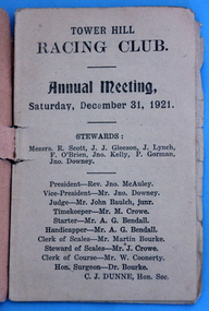 Tower Hill Racing Club Annual Meeting 1921 Official Programme, Stewards and Officials page, 1921