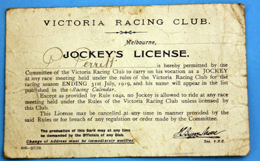 Victoria Racing Club Jockey's License, Victoria Racing Club Jockey's License P Perritt 1919