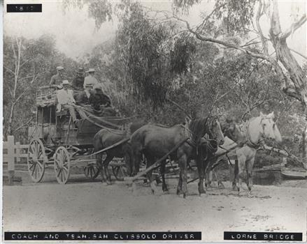 Photo of coach with passengers grossing Erskine River, pulled by four horses. Sam Clissold is the driver