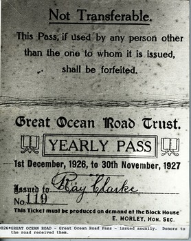 Pass for users of Great Ocean Road 1926-7. Issued by R Clarke.
