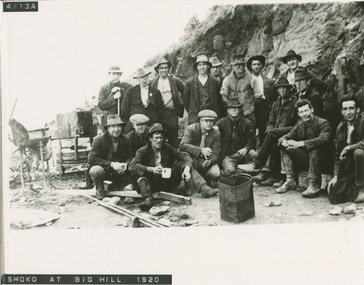 Great Ocean Road 16 workmen having smoko around fire 1920 at Big Hill