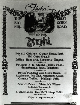 Menu from 'Iluka' at Big Hill GOR 1924 for luncheon given by Capt Edward Mosley on Big Hill/Secretary of Trust Luncheon catered by Mrs Clarke of Eastern View guest house; given to fellow Masons to mark Capt. Morley's installation as Master of Geelong Lodge 