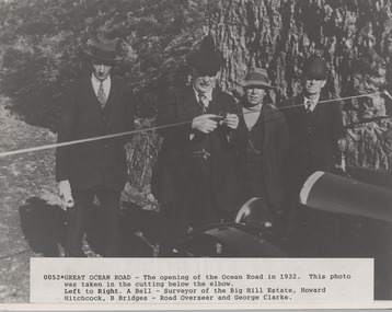 Cutting ribbon to open Great Ocean Road in 1934 by H Hiscock with A bell, surveyor and B Bridges, road overseer