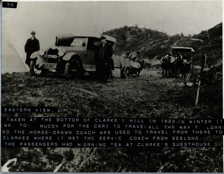 Road at Eastern View 1923. Road too muddy for cars. Horse and cart was used to travel to Clarke's to meet service coach from Geelong