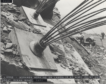 Repair work landslip on Great Ocean Road at Windy Point 1971