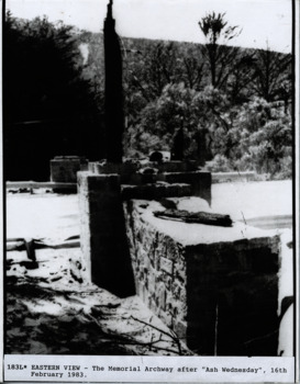 Memorial arch after Ash Wednesday 16 Feb 1983 commemorating surveyor Major McCormack