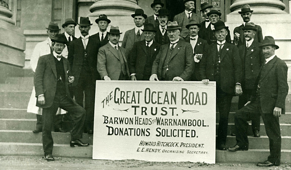 Great Ocean Road Trust. trust members standing outside Geelong Town Hall. Howard Hitchcock President