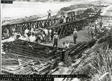 Great Ocean Road Bailey bridge assembly at Hutt Gully 1954 after wash away