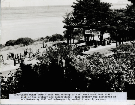 26/11/1982 - 50th Anniversary of Great Ocean Road, view oof archway and decorations, archway later destroyed by fire 1983, subsequently rebuilt as it was