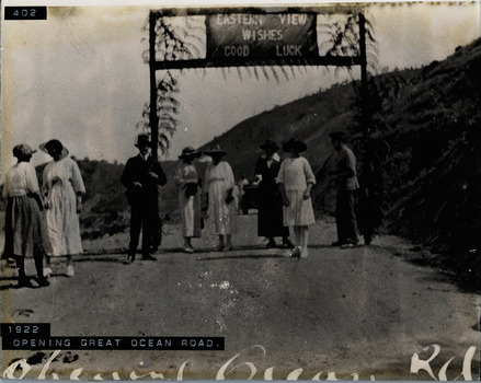 Great Ocean Road section opened at Eastern View. Inscription on banner, "Eastern View Wishes Good luck'