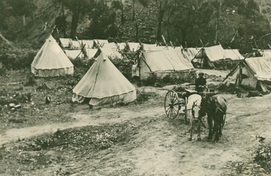 Bell tents accomodating workers on GOR. Man with horses and cart in foreground 1920 at bridge near Grassy Creek