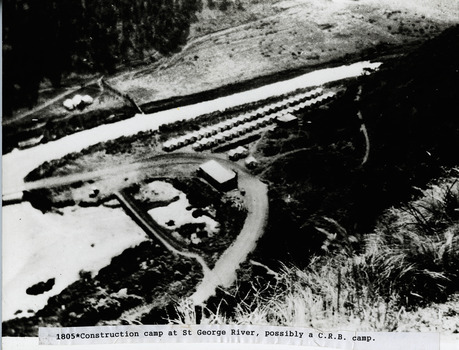 Construction camp showing rows of tents at St George River - possibly C.R.B. camp