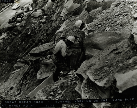Great Ocean Road workmen working on landslip at Windy Point near Lorne 1971