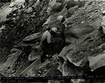 Great Ocean Road workmen working on landslip at Windy Point near Lorne 1971