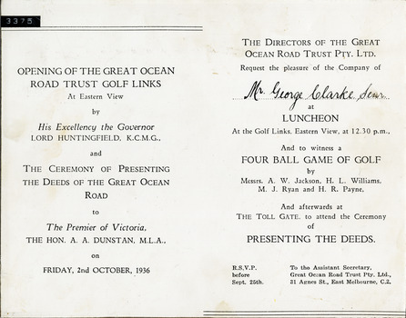 Luncheon invitation for opening of GOR golf links at Eastern View