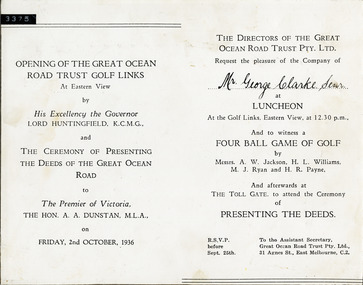 Luncheon invitation for opening of GOR golf links at Eastern View