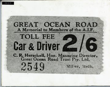 Toll fee sign for Great Ocean Road Fee for car and driver is 2/6