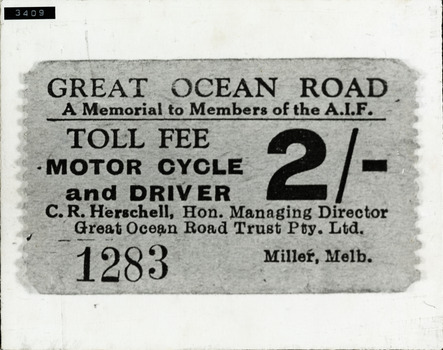 Toll fee ticket for Great Ocean Road for a motor cycle - fee is 2/-