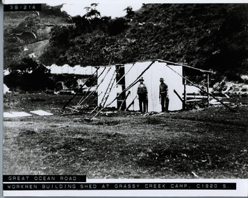 WIrkmen building a shed at Grassy Creek Camp c 1920 - two men visible
