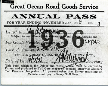 Annual Pass for goods service 1936 for Great Ocean road 1936 - pass is for a goods vehicle