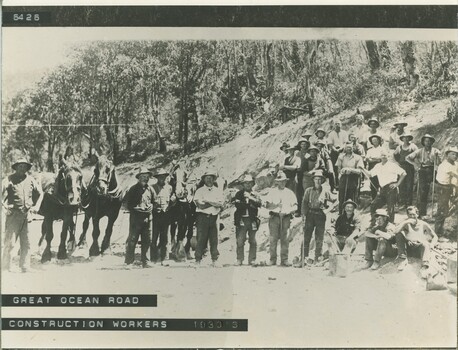 Gang of construction workers on Great Ocean Road in 1930's with three draft horses