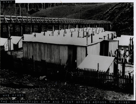 Workers camp at Wye River Great Ocean Road with three chefs visible and showing first bridge across the river