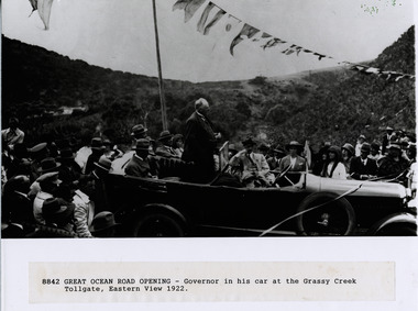 Governor in open car opening Great Ocean Road at Grassy Creek Tollgate near Eastern View 1922