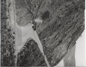 Photograph, Blasting to clear blockage Great Ocean Road circa 1940's
