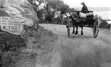 Photograph, Horse and Dray with welcome sign on rock