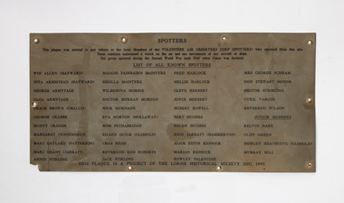 Plaque - Spotters Plaque, Tribute plaque to the local Members of the Volunteer Air Observers Corps ( spotters)