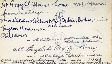 Photograph - Note about people evacuated form Malaya and billeted in Lorne 1943, British people evacuated from Malaya and billeted in Lorne in 1943