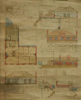 Coloured architect's drawings of the proposed plans for Chaplain's Residence at Port Melbourne on heavy parchment. Including elevation drawings, floor plans and cross sections as well as architect's notes and measurements.