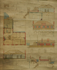 Coloured architect's drawings of the proposed plans for Chaplain's Residence at Port Melbourne on heavy parchment. Including elevation drawings, floor plans and cross sections as well as architect's notes and measurements.