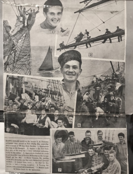 newspaper cloipping with several photographs of sailors onboard the C.B. Pedersen