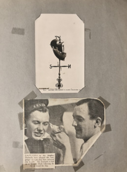 Postcard of the Weather Vane and newspaper clipping: Sailors from the Zealandia with a bird