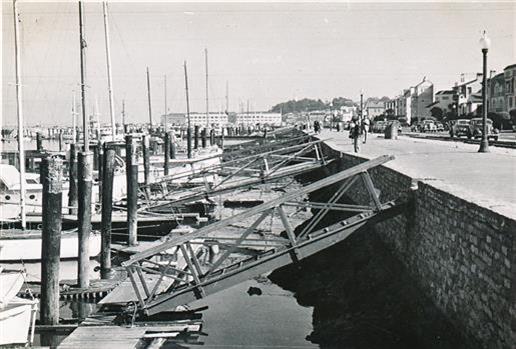 Black and white photograph of landing docks