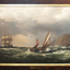 Oil painting depicting two masted boats on a choppy sea.