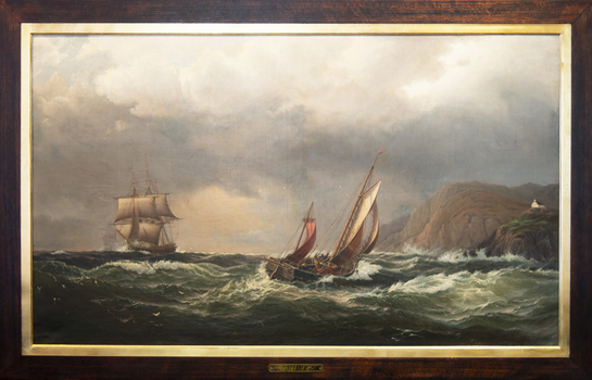 Oil painting depicting two masted boats on a choppy sea.