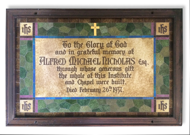 Memorial Plaque, In grateful Memory of Alfred Michael Nicholas Esq, (1881-1937), 1937