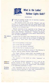 Cream colour flyer printed on both sides providing information about the rôle of the Ladies Harbour Lights Guild.